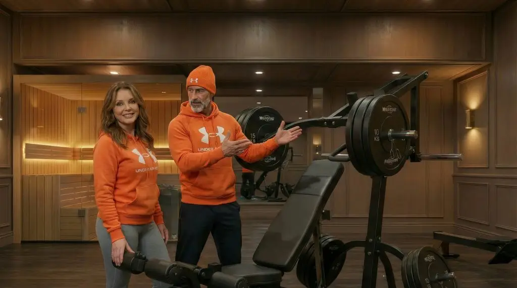 Mann und Frau in orangefarbenen Hoodies zeigen Krafttrainingsmaschine in hölzernem Fitnessraum.