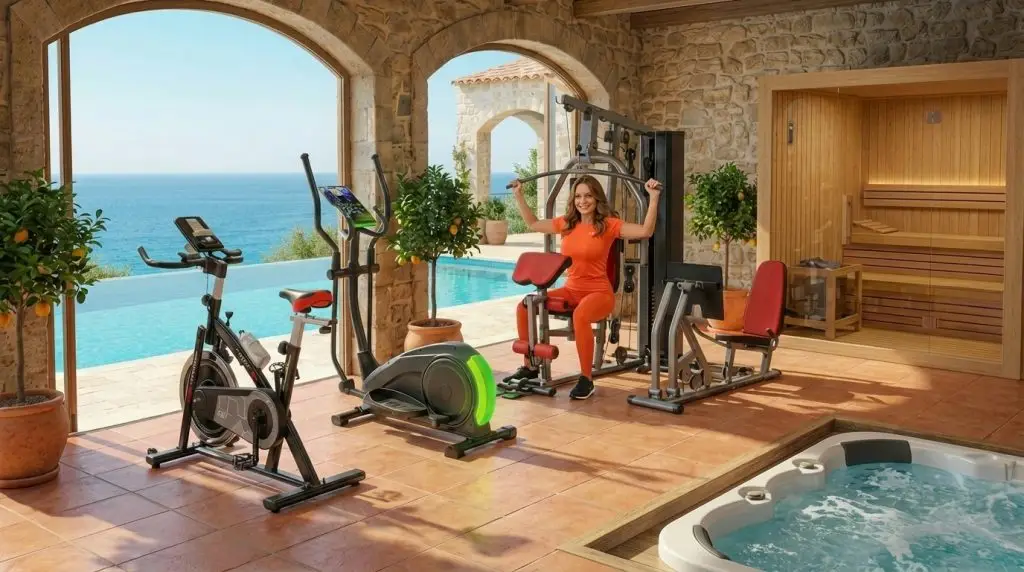 Fitnessraum mit Heimtrainer, Crosstrainer, Mehrstation, Whirlpool und Sauna mit Meerblick.