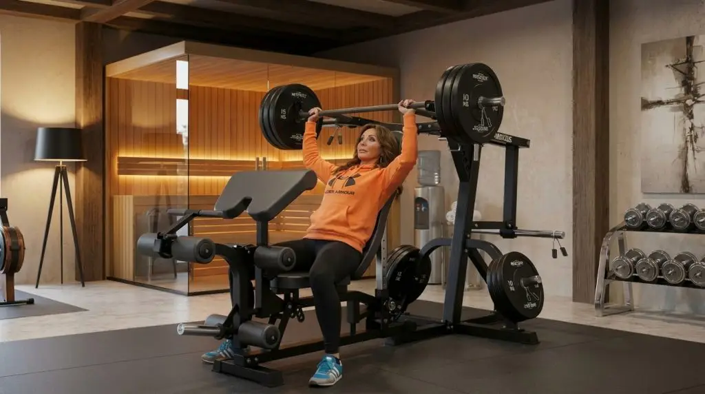 Frau beim Langhanteltraining an Schrägbank in modernem Fitnessraum mit Sauna und Hanteln.