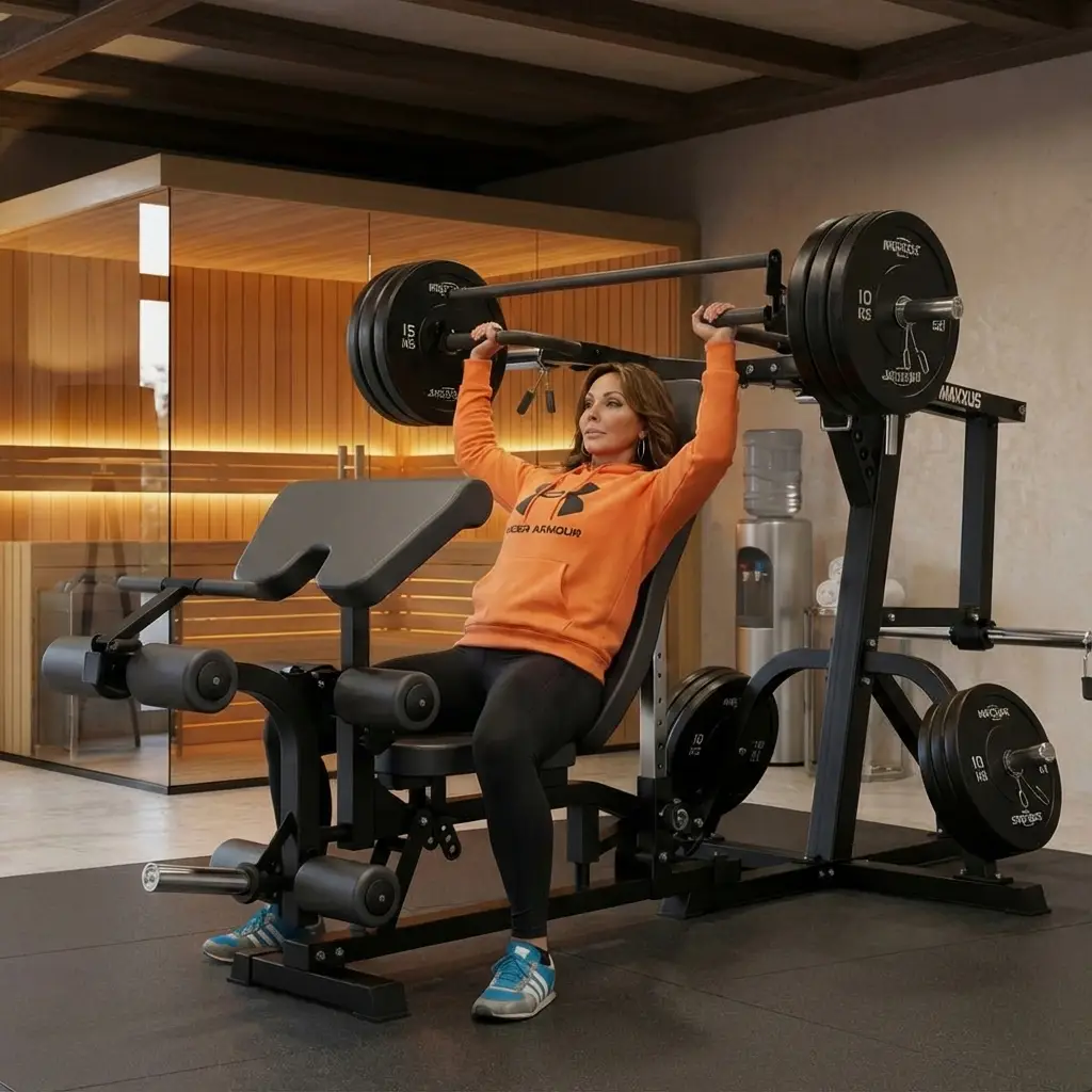 Frau in orangefarbenem Pullover trainiert an Multipresse-Maschine in modernem Fitnessraum.