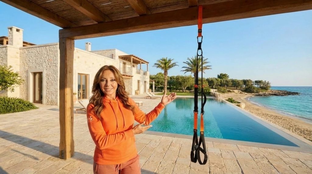 Frau in oranger Kapuzenjacke zeigt auf Pool vor Steinhaus mit Meerblick und Strand.