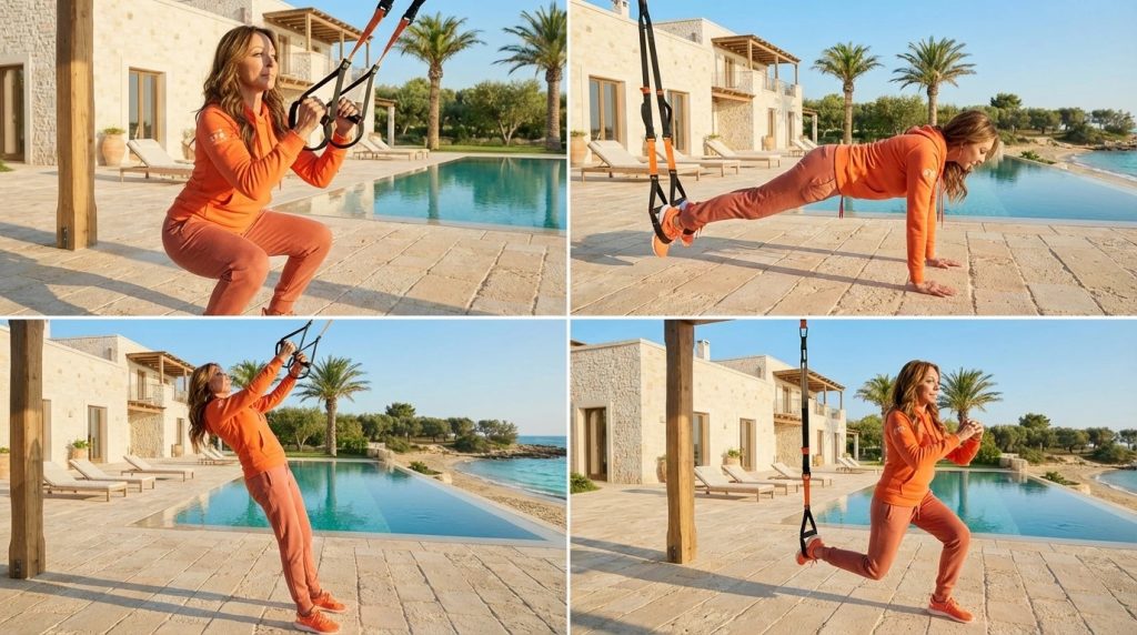 Frau trainiert mit TRX-Bandsystem auf Terrasse neben Pool mit Meerblick und Palmen.