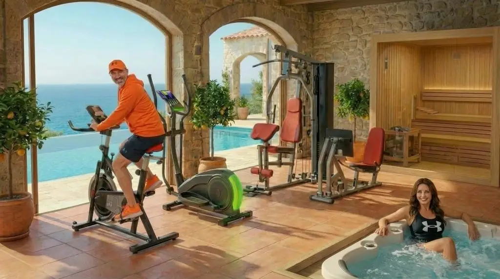Mann auf Heimtrainer, Frau im Whirlpool, Fitnessgeräte und Sauna in Steinzimmer mit Meerblick.