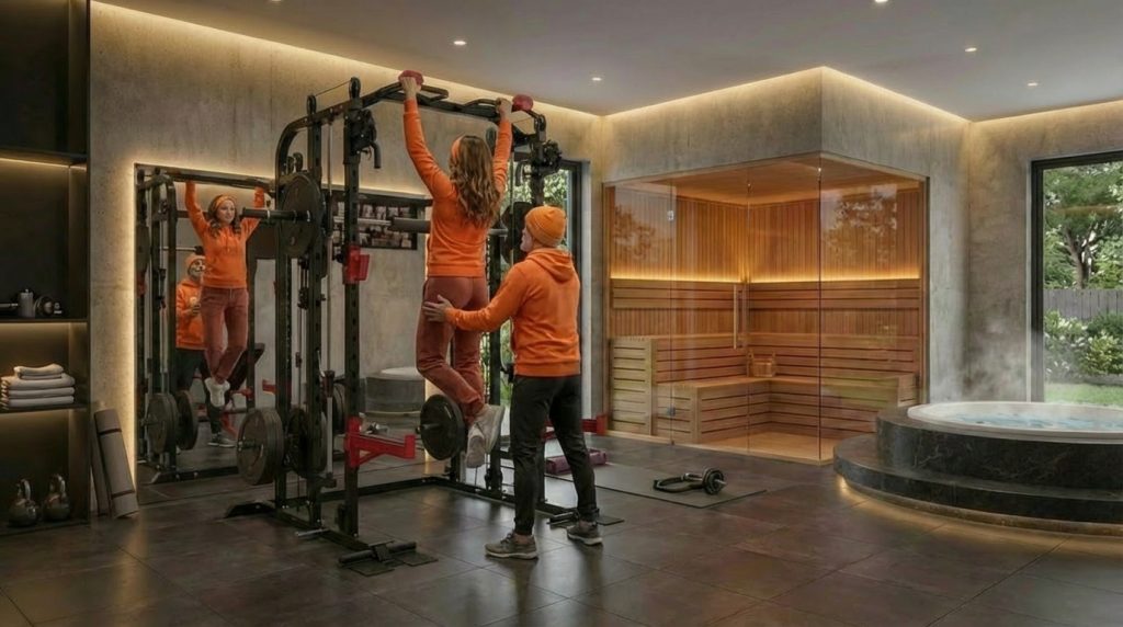 Moderner Fitnessraum mit Klimmzugstation, unterstützender Person, Sauna und Whirlpool.