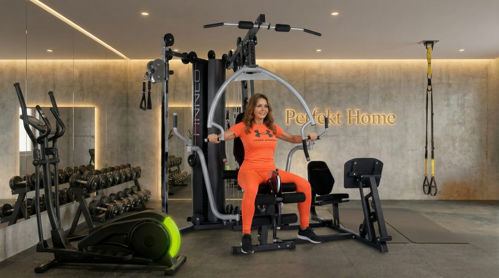 Frau in orange Sportkleidung trainiert an Multifunktionsgerät im modernen Fitnessraum mit Geräten und Schriftzug Perfekt Home.