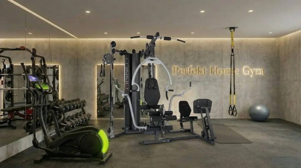 Modernes Heimfitnessstudio mit Kraftgerät, Crosstrainer, Hanteln, TRX-Band und Gymnastikball.