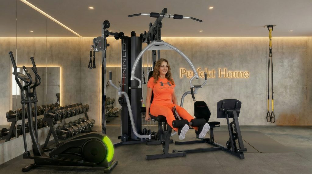 Frau trainiert an Mehrstationen-Kraftgerät in modernem Fitnessraum mit Hanteln, Crosstrainer, TRX-Bändern.