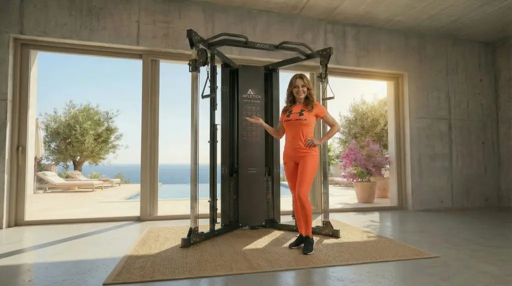 Frau in orangener Sportkleidung steht neben Fitnessgerät in hellem Raum mit Meerblick.