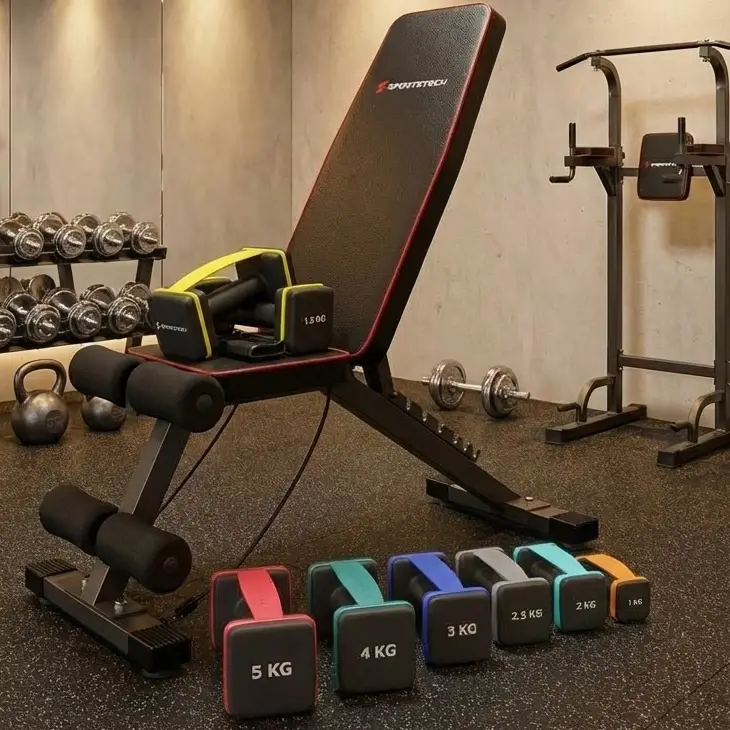 Fitnessraum mit verstellbarer Bank, Hanteln, Kettlebells und Klimmzug-/Dip-Ständer.