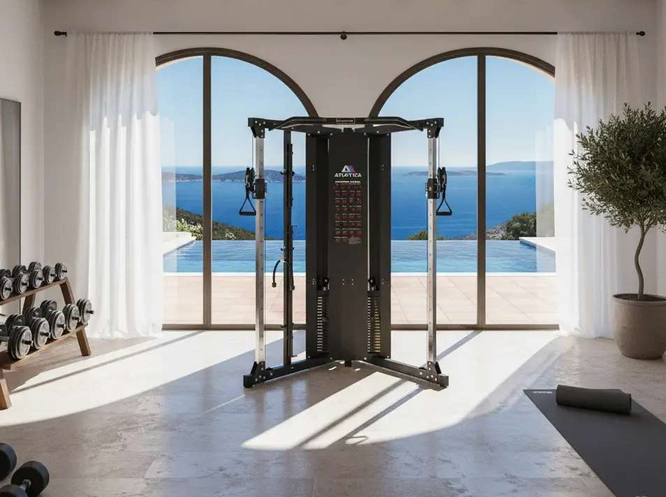 Fitnessraum mit Kraftstation, Hanteln, Yogamatte und Meerblick durch große Fenster.
