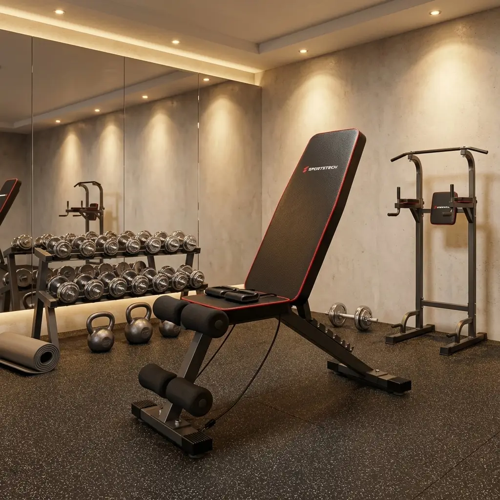 Fitnessraum mit verstellbarer Bank, Hanteln, Kettlebells, Yogamatte und Klimmzugstation vor Spiegelwand.