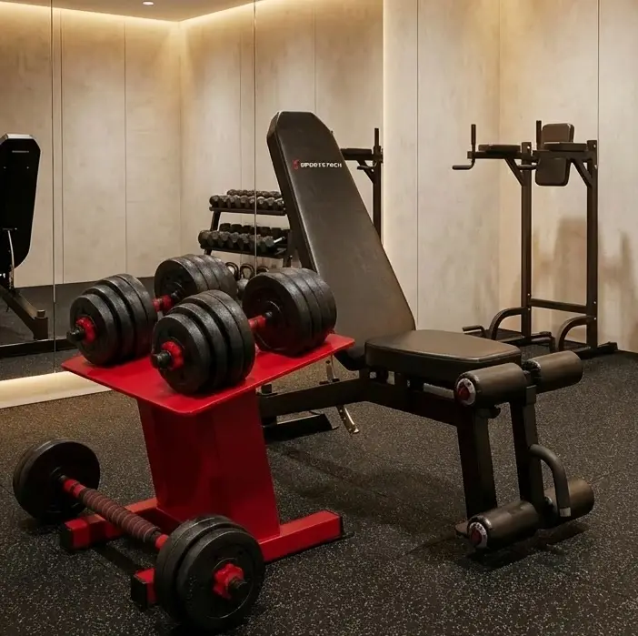 Fitnessraum mit verstellbarer Trainingsbank, Kurzhanteln auf rotem Halter, Spiegelwand und Klimmzugstation.