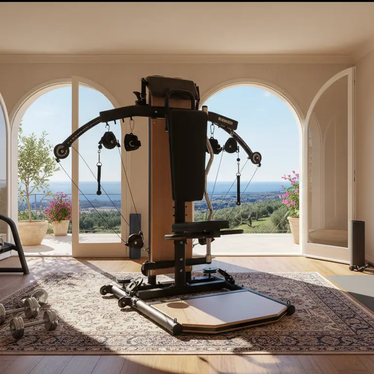 Heimfitnessraum mit Kraftgerät und Hanteln vor offenen Türen mit Meerblick.