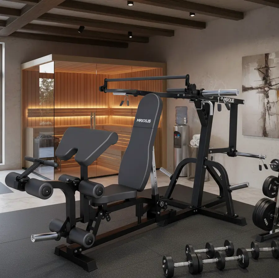 Heimfitnessraum mit Trainingsbank, Hanteln, Wasserspender und beleuchteter Sauna mit Glastür.