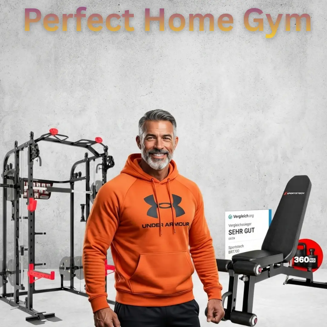 Mann im orangen Under Armour Hoodie vor Heim-Fitnessstudio mit Kraftstation und Trainingsbank.
