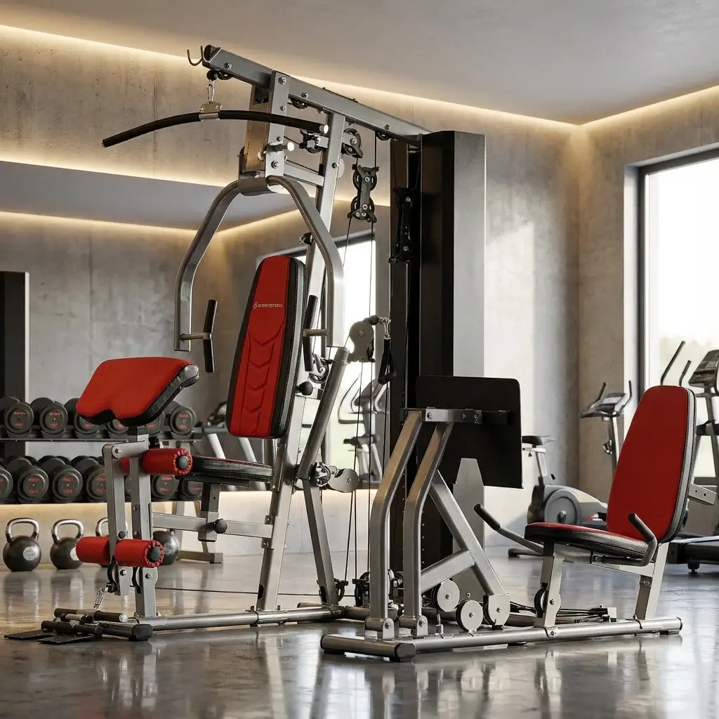 Moderne Krafttrainingsmaschine mit roten Polstern in hellem Fitnessraum mit Betonwänden und Geräten.