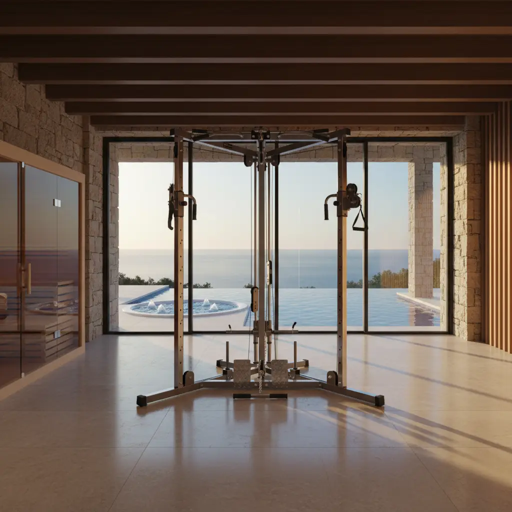 moderner Fitnessraum mit Kraftgerät vor Glasfront, Blick auf Infinity-Pool, Whirlpool und Meer