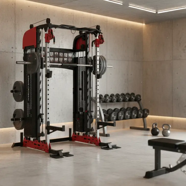 Moderner Fitnessraum mit Kraftstation, Hantelregal, Kettlebells und Trainingsbank vor Betonwand.