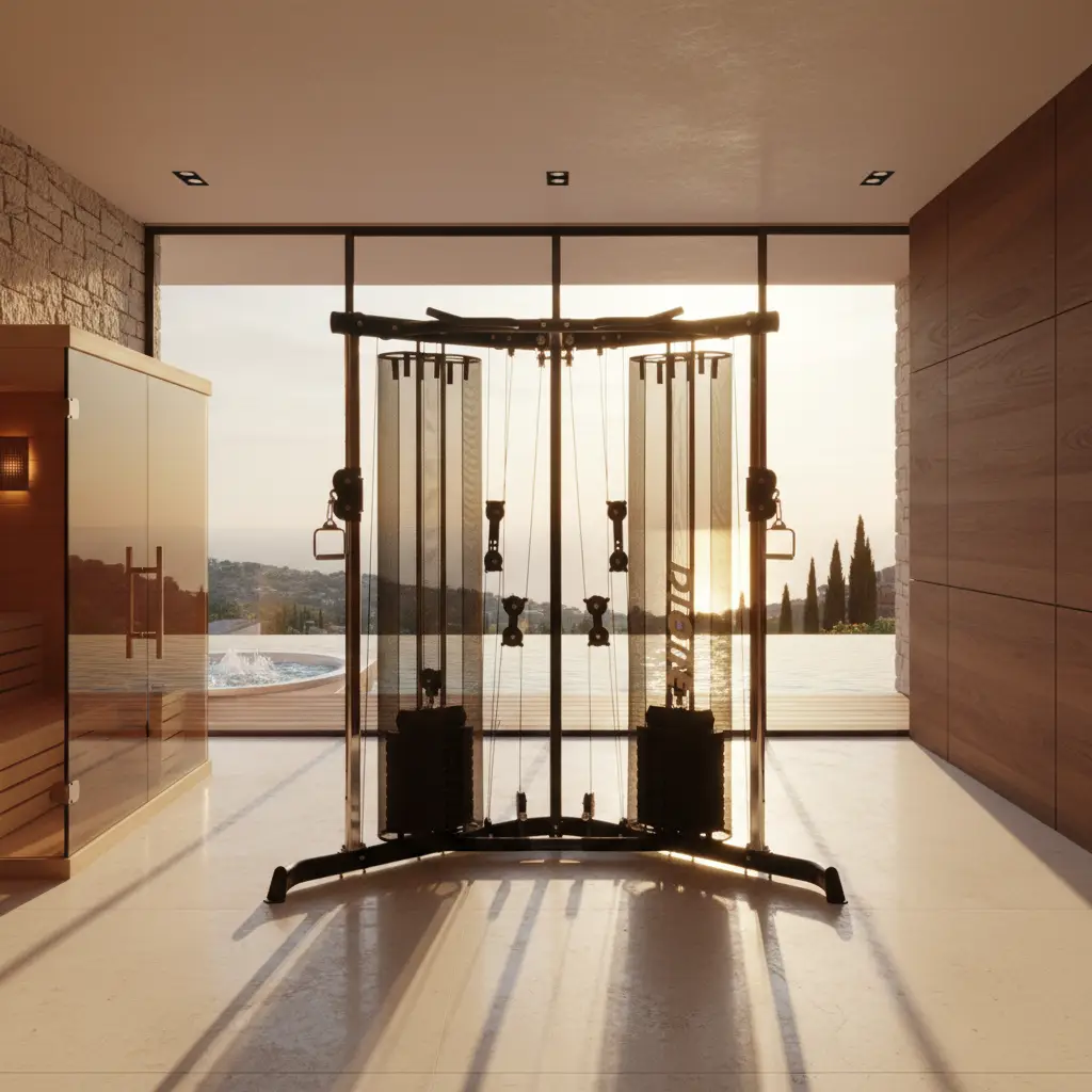 Moderner Fitnessraum mit Krafttrainingsgerät, Holzsauna links und Poolterrasse mit Aussicht.