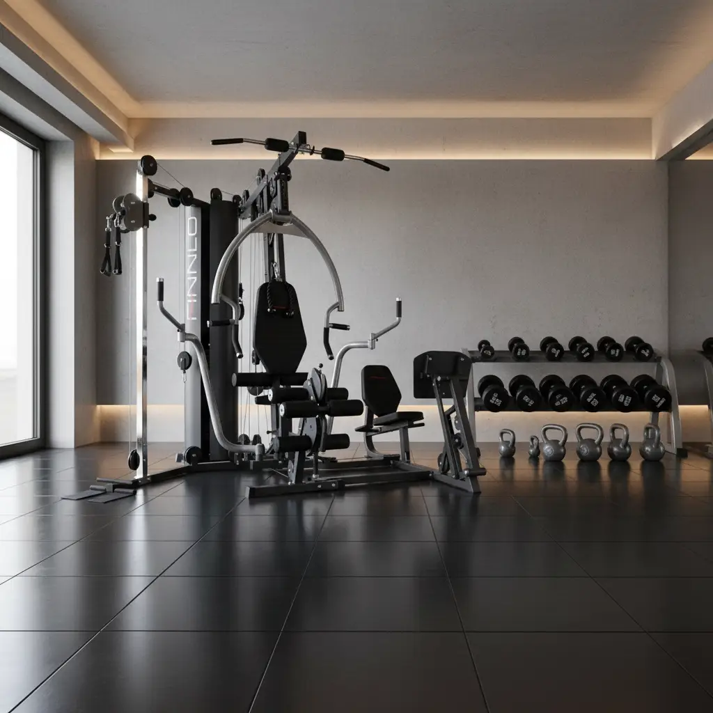 Moderner Fitnessraum mit Mehrstation-Maschine, Kurzhanteln, Kettlebells, großen Fenstern und indirekter Beleuchtung.