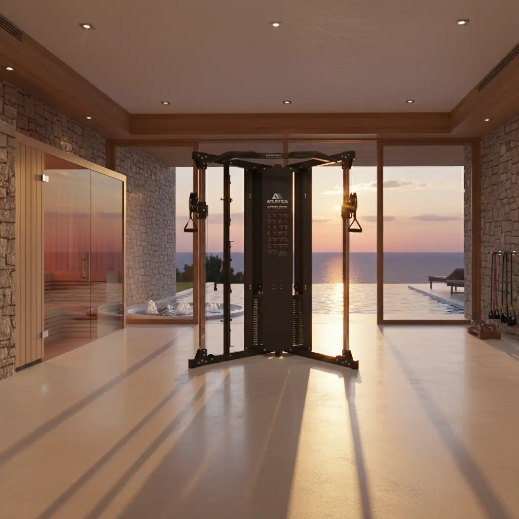 Moderner Fitnessraum mit Multifunktionsgerät, großer Glasfront, Sauna und Meerblick bei Sonnenuntergang.