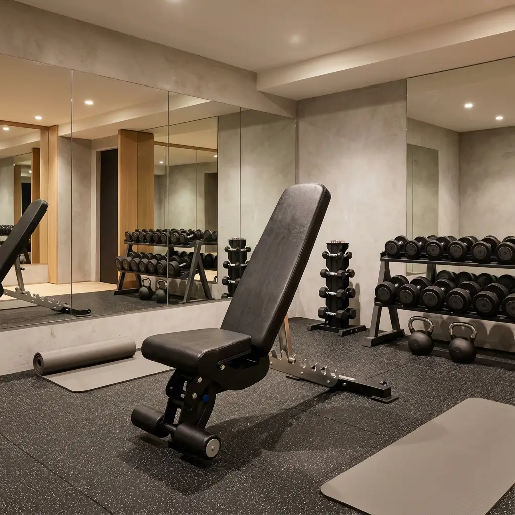 Moderner Fitnessraum mit verstellbarer Trainingsbank, Hanteln, Kettlebells, Yogamatten und Spiegelwand.
