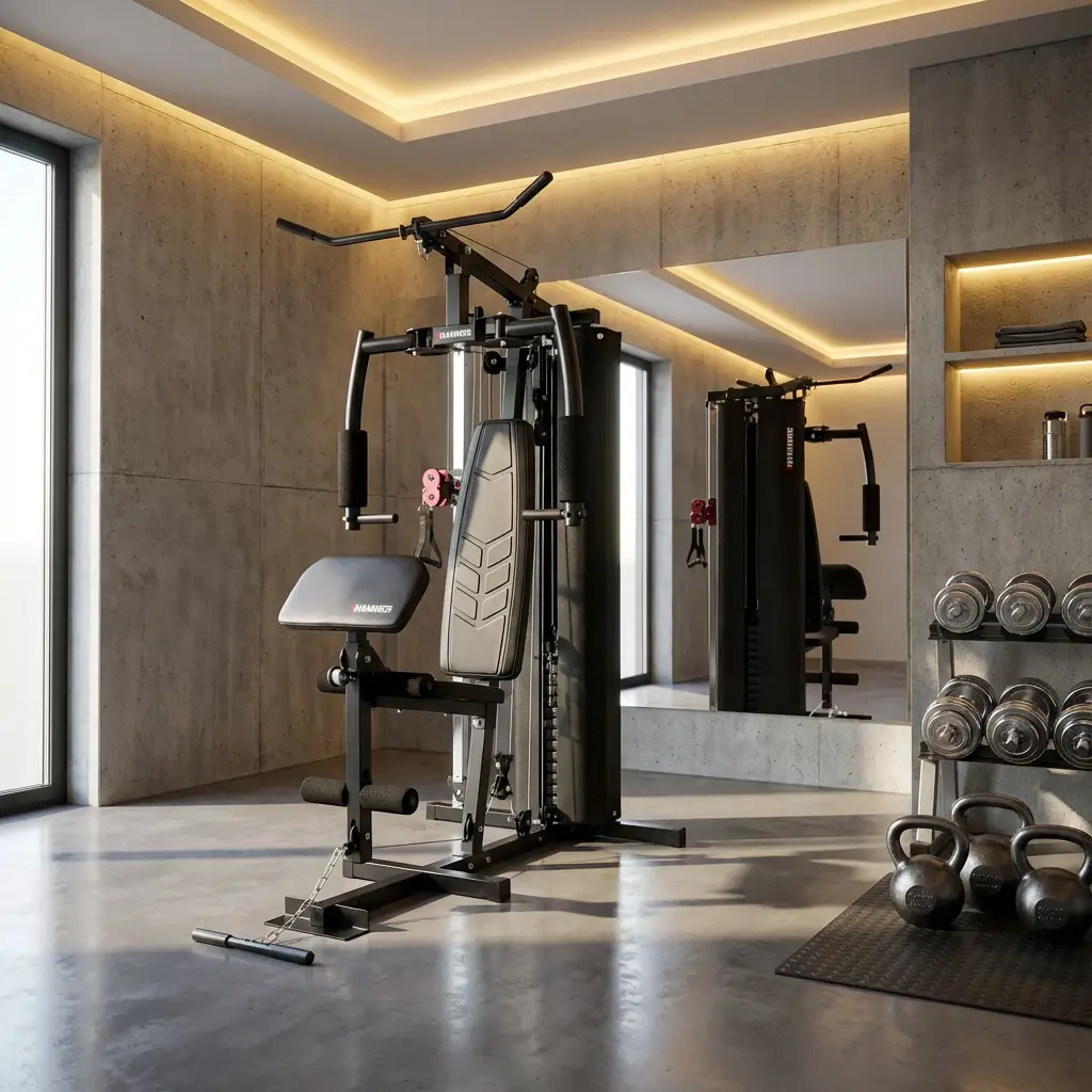Moderner Fitnessraum mit multifunktionalem Trainingsgerät, Hanteln, Kettlebells und Wandspiegel.