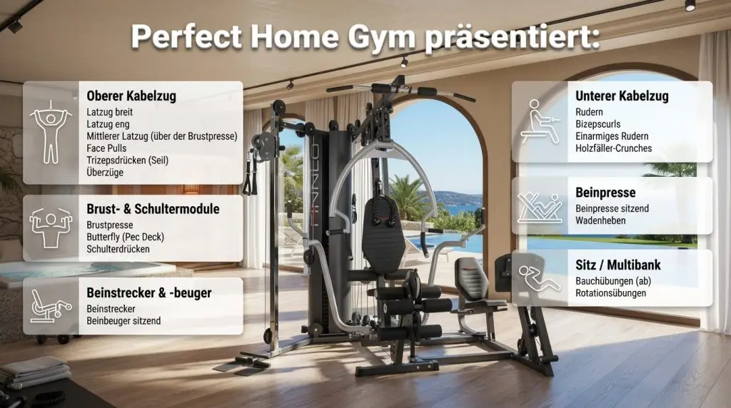 Multifunktionales Home-Gym-Gerät mit Modulen für Oberkörper, Beine und Bauchübungen im Raum mit Poolblick.
