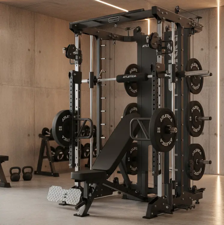 Multifunktionales Krafttrainingsgerät mit verstellbarer Bank, Gewichtsscheiben und Kettlebells in modernem Raum.