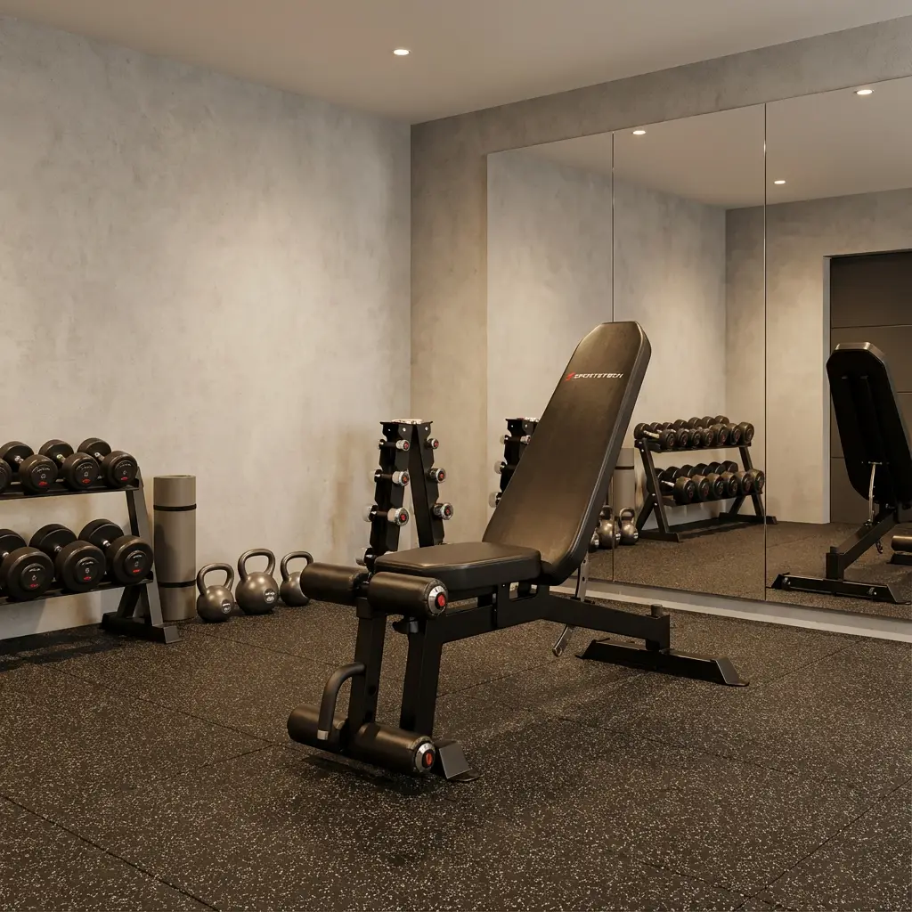 Trainingsraum mit verstellbarer Bank, Hanteln, Kettlebells und großer Spiegelwand.