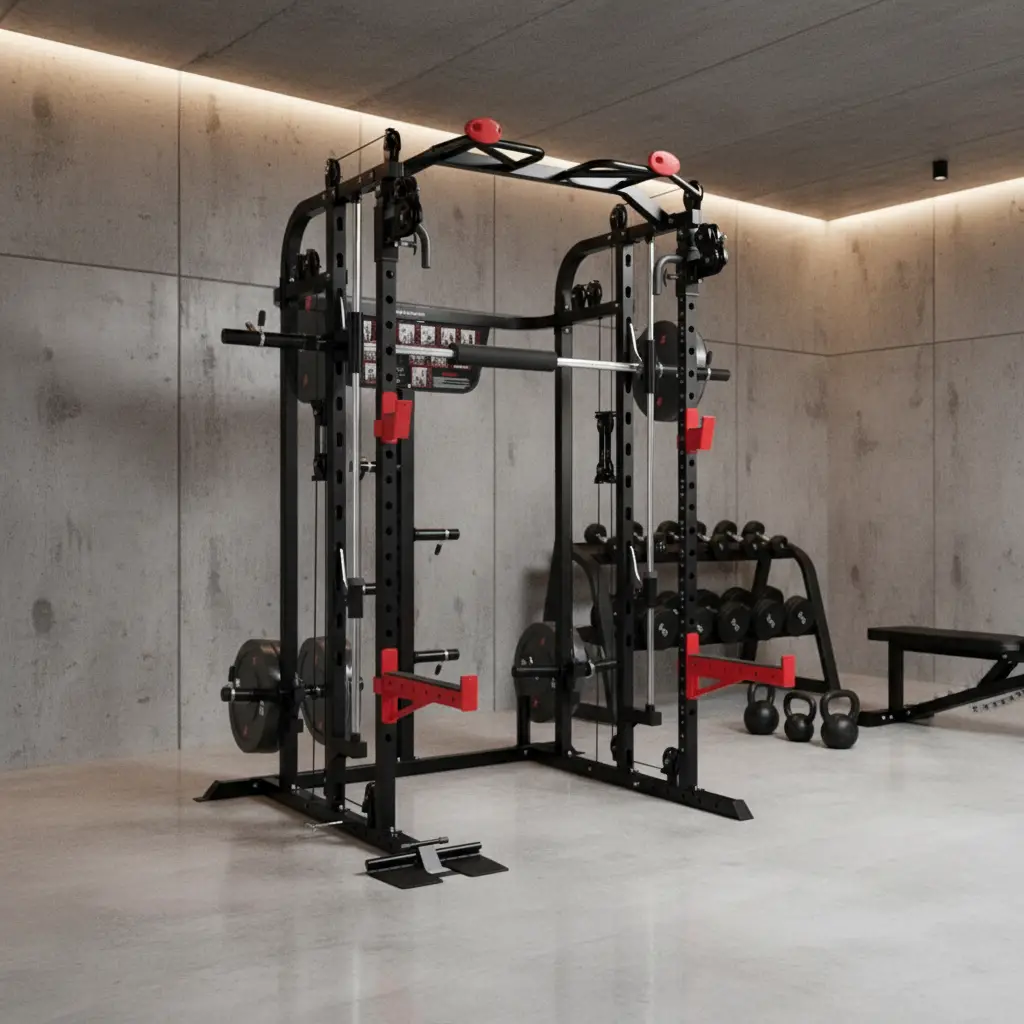 Trainingsraum mit multifunktionalem Kraftgerät, Hanteln, Kettlebells und Trainingsbank vor Betonwänden.