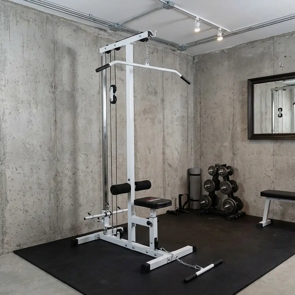 Fitnessraum mit Betonwänden, Latzugmaschine, Hanteln, Yogamatte und Hantelbank.