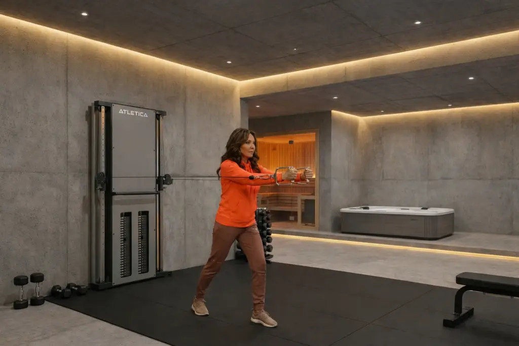 Frau trainiert mit Kabelzuggerät in modernem Fitnessraum mit Sauna und Whirlpool.