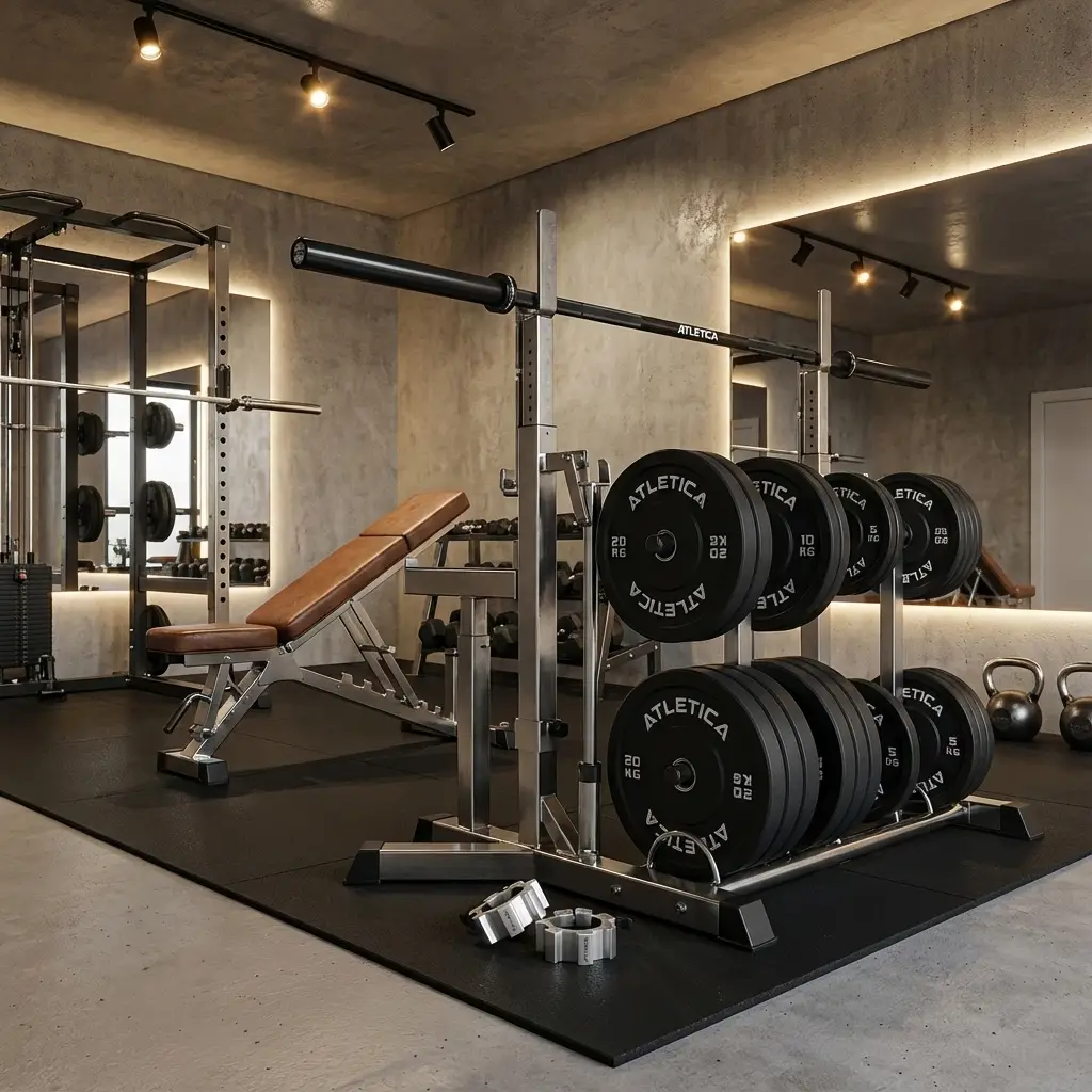 Moderner Fitnessraum mit Hantelbank, Gewichtsplatten, Kettlebells und großer Spiegelwand.