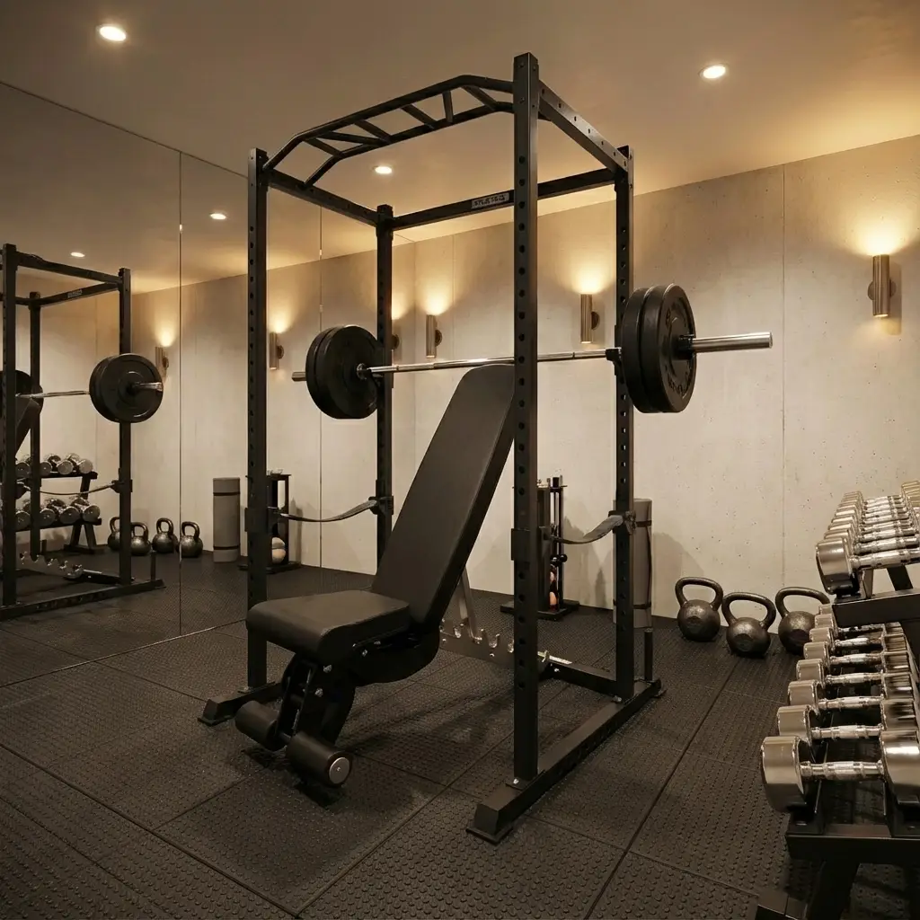 Moderner Fitnessraum mit verstellbarer Hantelbank, Langhantel, Kettlebells und Hanteln auf Ablagen.