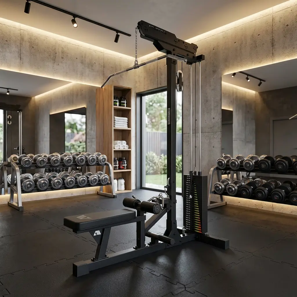 Moderner Fitnessraum mit Kraftstation, Kurzhanteln, Spiegeln und Fensterfront im Betonstil.