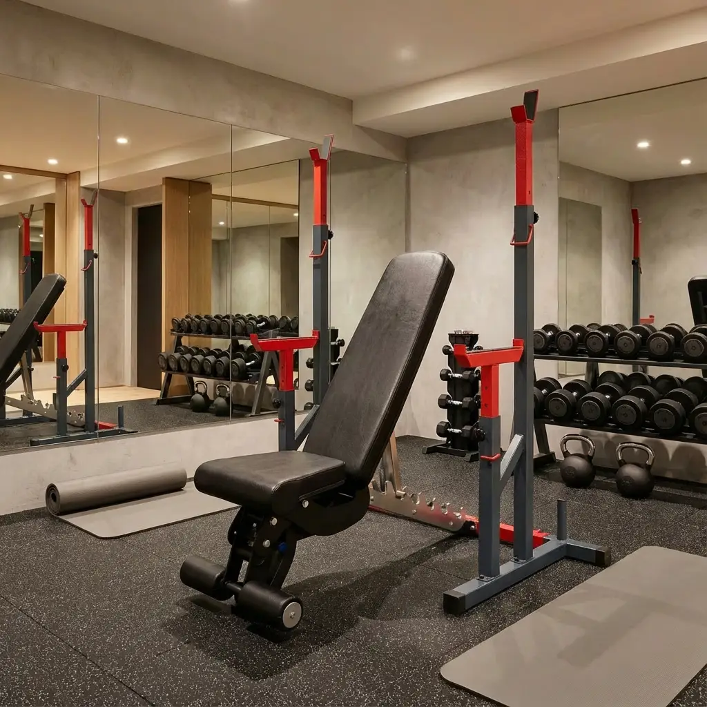 Moderner Fitnessraum mit verstellbarer Trainingsbank, Hanteln, Kettlebells und zwei Yogamatten.