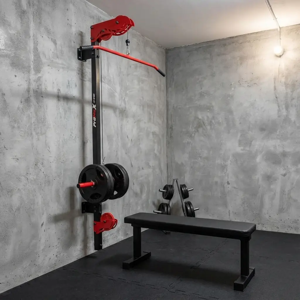 Trainingsbereich mit Hantelbank, Gewichtsplatten und Zugmaschine vor Sichtbetonwänden und schwarzem Boden.