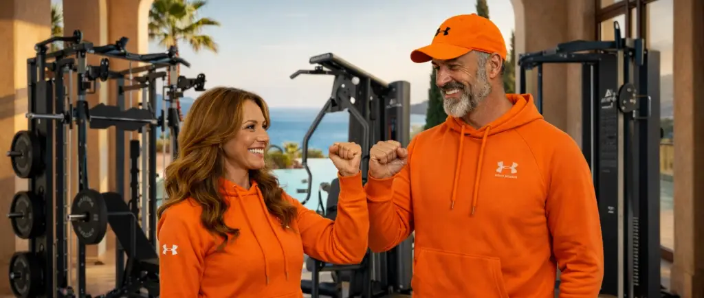 Zwei Personen in orangen Kapuzenpullovern beim Fistbump in Fitnessstudio mit Meerblick.