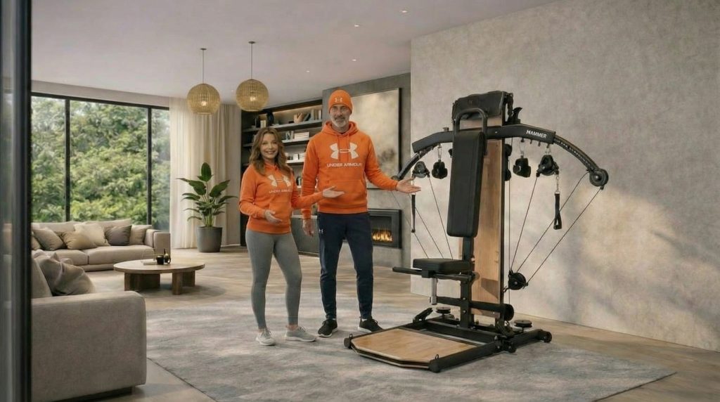Zwei Personen in orangen Pullovern präsentieren Heim-Fitnessgerät in modernem Wohnzimmer.