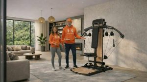 Zwei Personen in orangen Pullovern präsentieren Heim-Fitnessgerät in modernem Wohnzimmer.