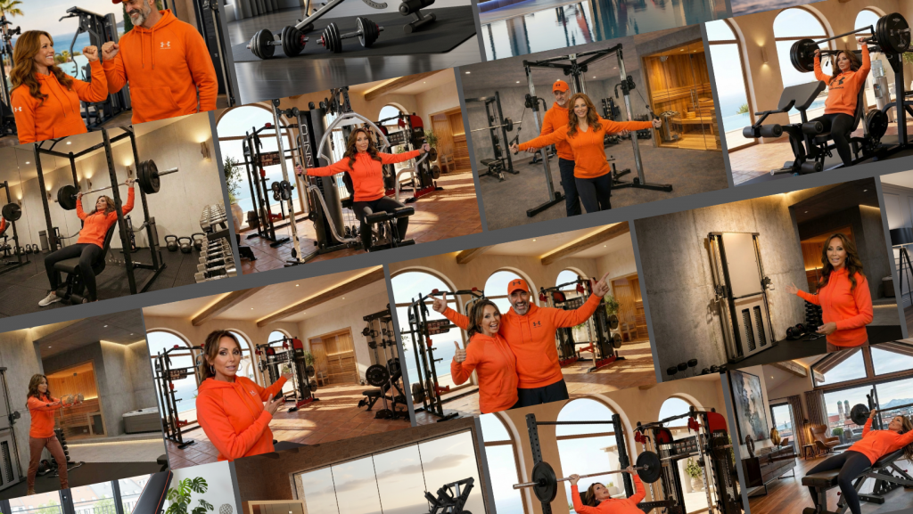 Frau und Mann trainieren mit Fitnessgeräten in gut ausgestatteten Räumen mit großen Fenstern.