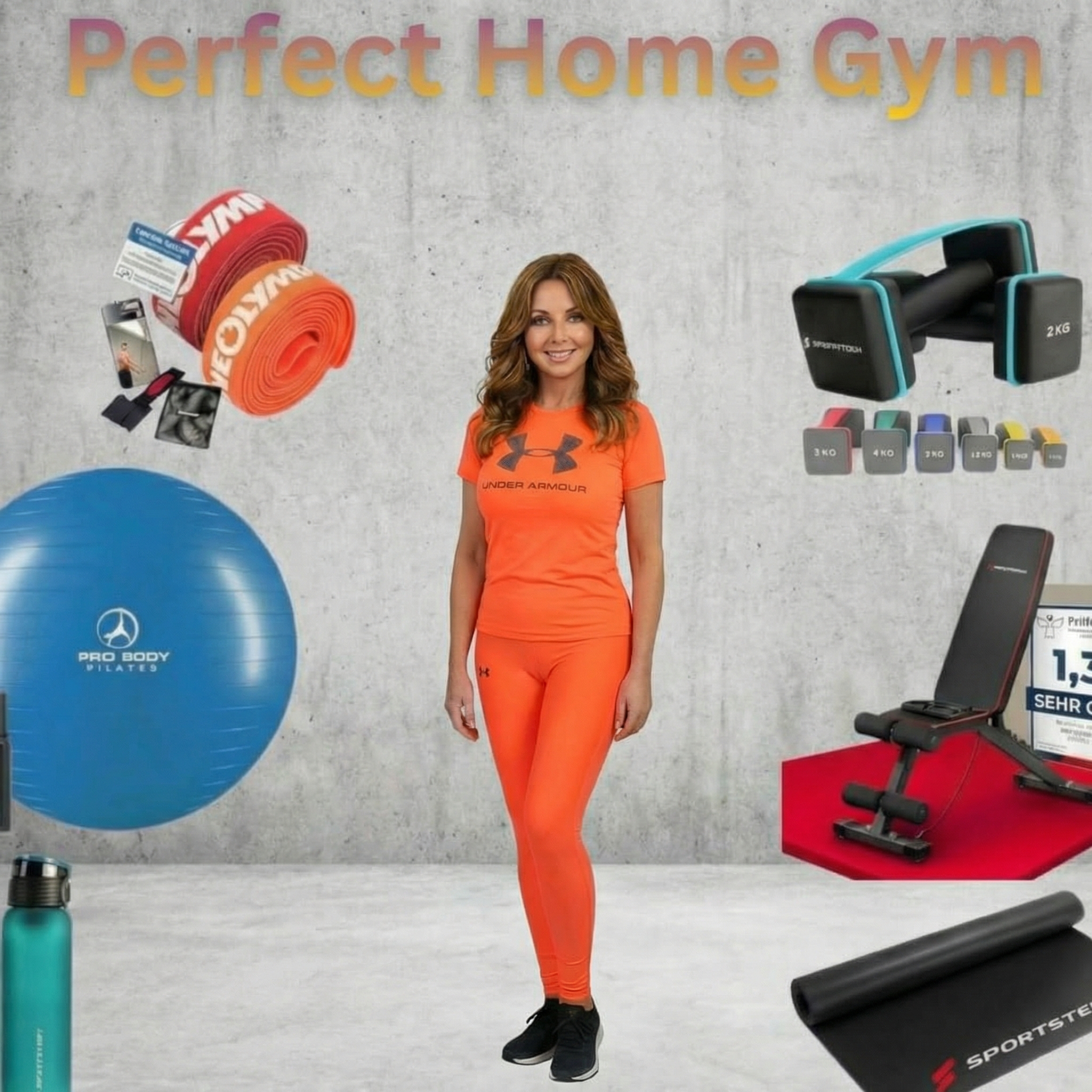 Frau in oranger Sportkleidung mit Heimfitnessgeräten wie Balanceball, Hanteln und Trainingsbank.