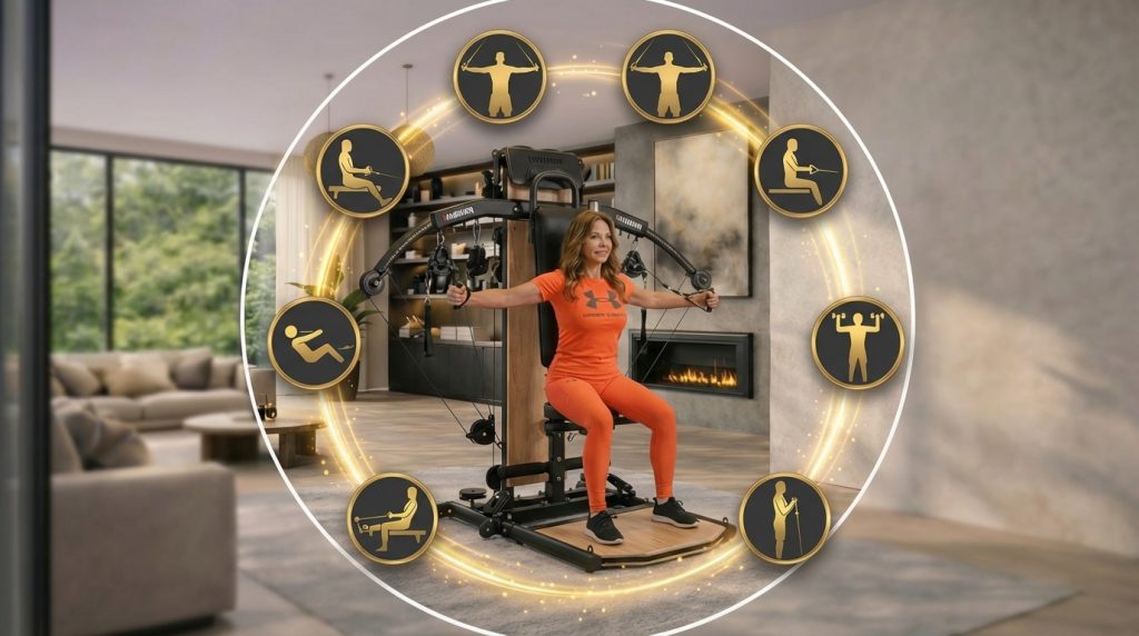 Frau trainiert an multifunktionalem Heimfitnessgerät im Wohnzimmer mit Übungssymbolen.