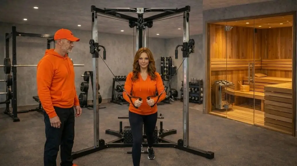 Frau trainiert am Kabelzuggerät im Fitnessraum, Mann beobachtet, Sauna mit Glastür im Hintergrund.