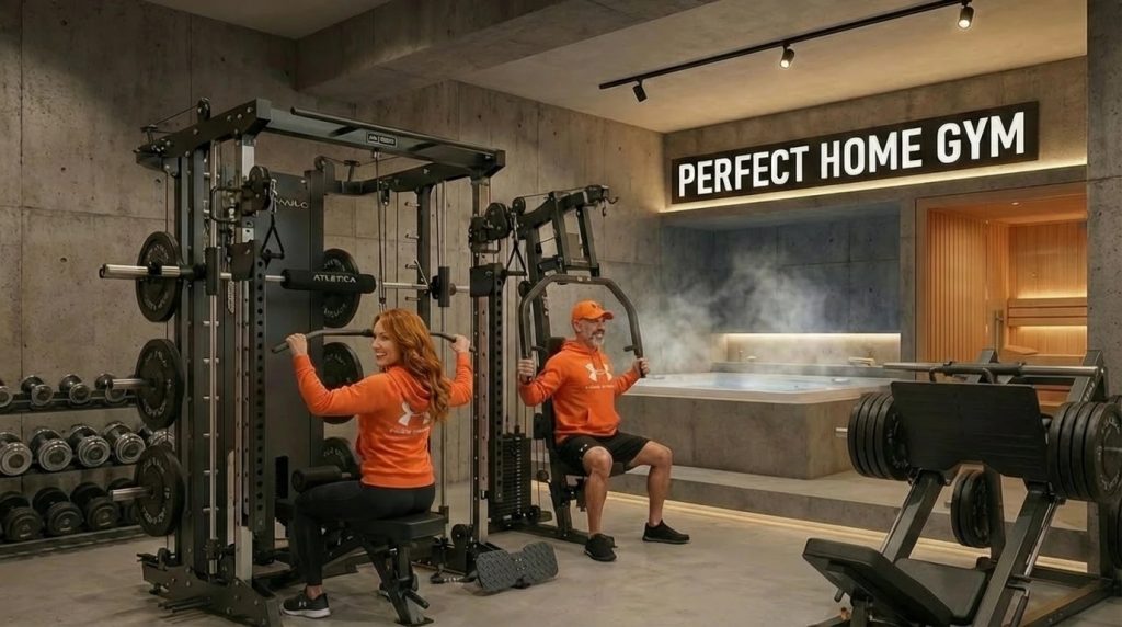 Heimfitnessraum mit Kraftgeräten, Freihanteln, Whirlpool, Sauna und zwei trainierenden Personen.