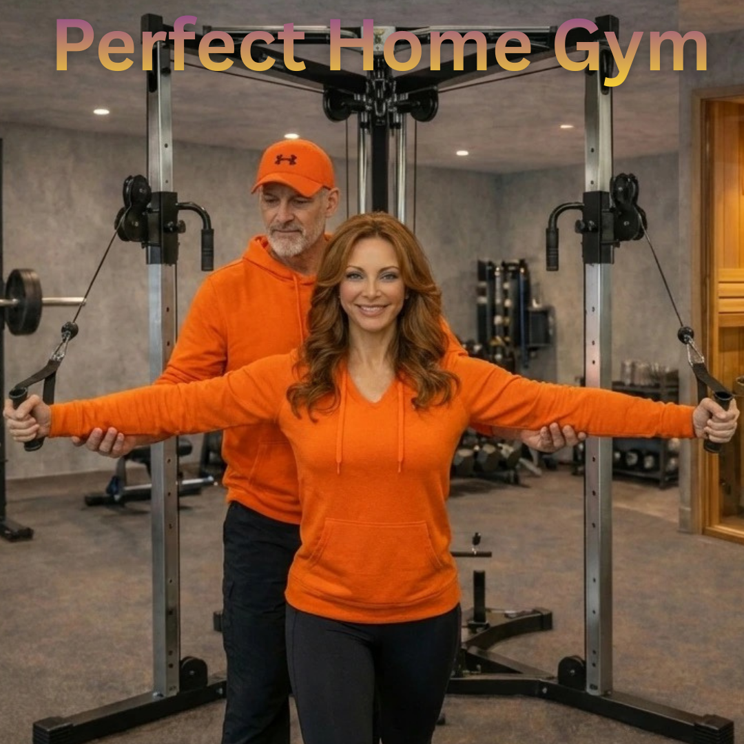 Mann unterstützt Frau bei Übung an Kabelzuggerät in modernem Home-Gym mit Fitnessgeräten.