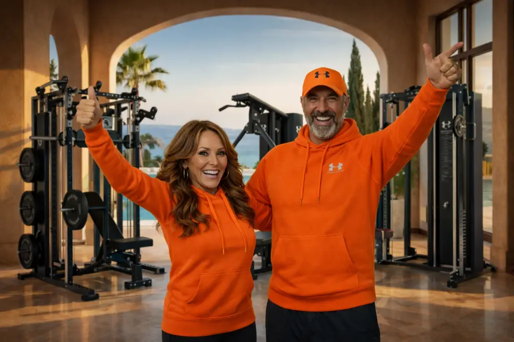 Ein Mann und eine Frau in orangefarbenen Kapuzenpullovern posieren in einem Fitnessstudio.