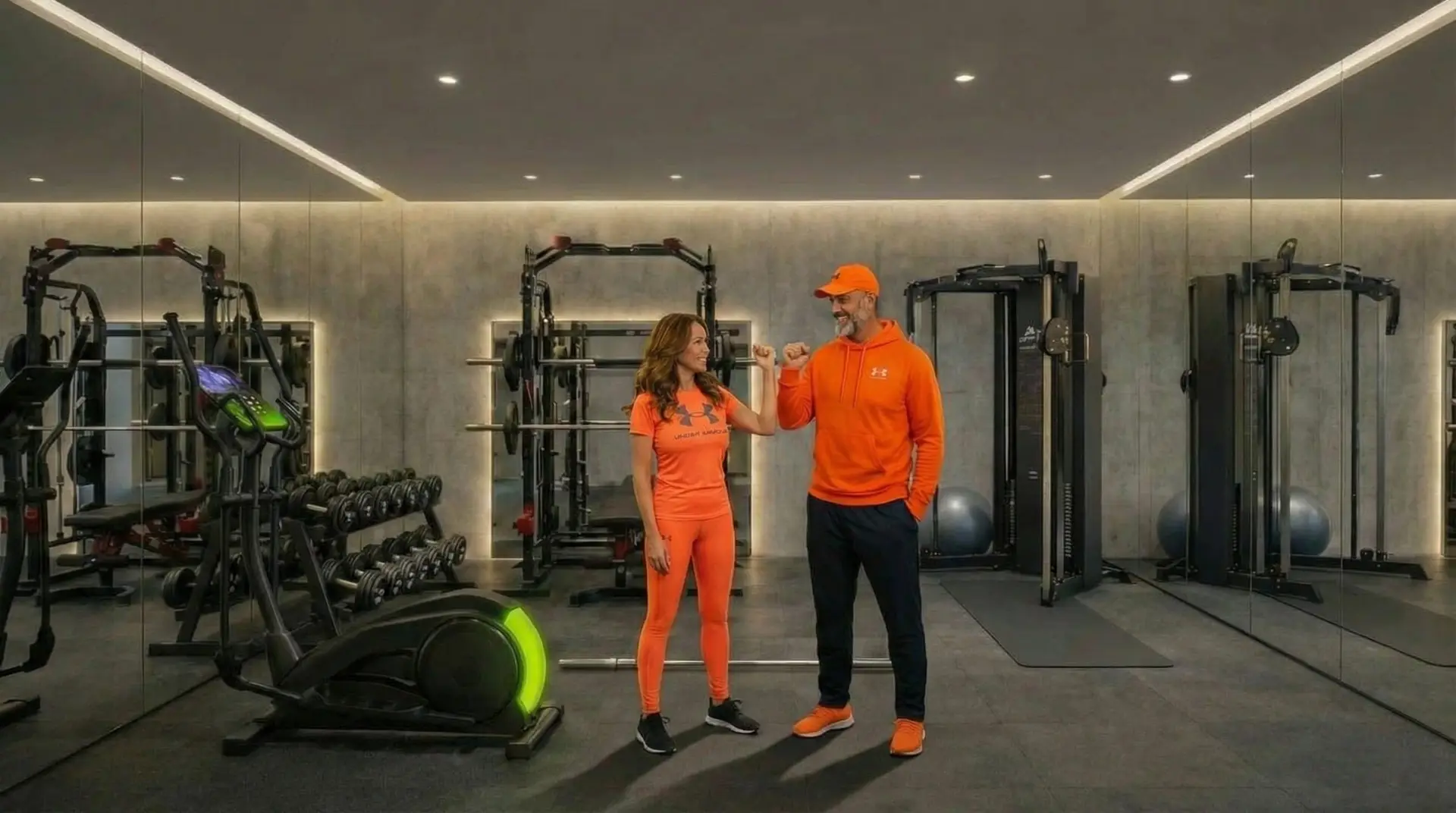 Mann und Frau in orange Sportkleidung begrüßen sich mit Ellbogen-Fistbump im Fitnessraum.
