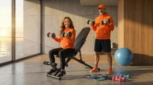 Perfect Home Gym Blog 69 Mann und Frau mit orangen Kapuzenpullovern trainieren mit Hanteln in hellem Fitnessraum mit Meerblick.